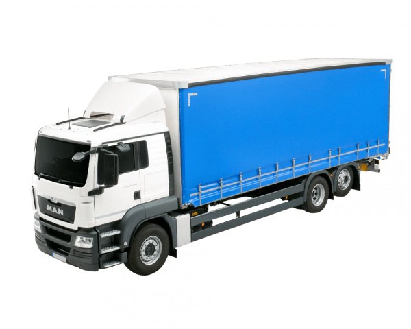 White 26-tonne rigid curtainside truck with blue curtains