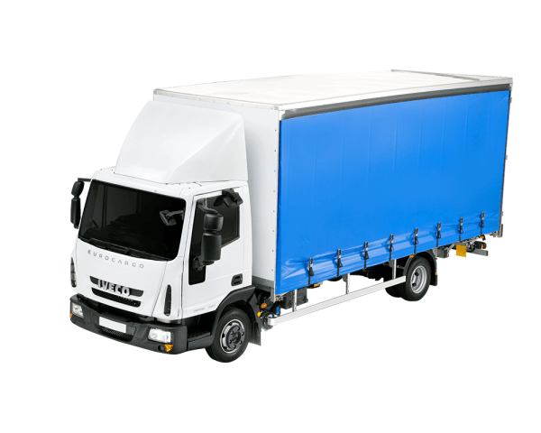 White sub-7.5-tonne curtainside truck with blue curtains